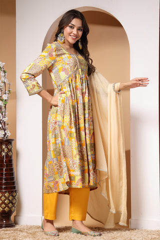 Multicolor Paisley Print Zipless Feeding Kurti Pant Set with Dupatta