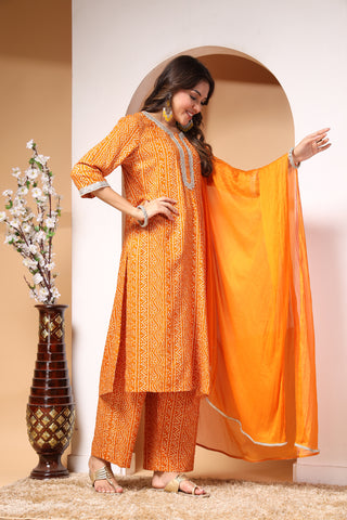 Mustard Bandhani Print Zipless Feeding Kurta Pant Set with Dupatta