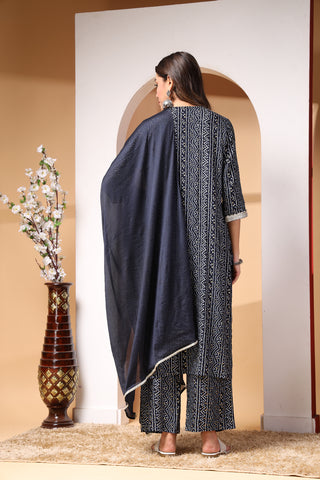 Navy Blue Bandhani Print Zipless Feeding Kurta Pant Set with Dupatta