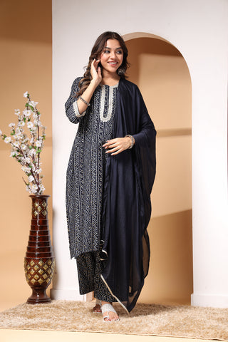 Navy Blue Bandhani Print Zipless Feeding Kurta Pant Set with Dupatta