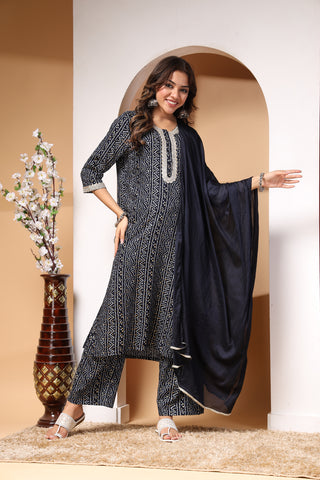 Navy Blue Bandhani Print Zipless Feeding Kurta Pant Set with Dupatta