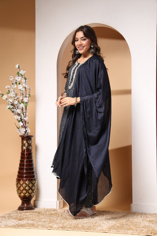 Navy Blue Bandhani Print Zipless Feeding Kurta Pant Set with Dupatta