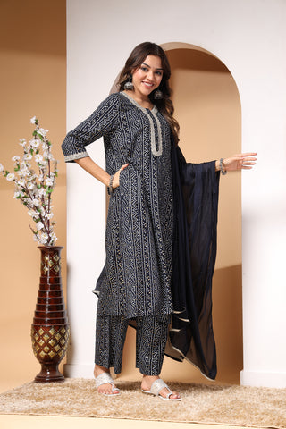 Navy Blue Bandhani Print Zipless Feeding Kurta Pant Set with Dupatta