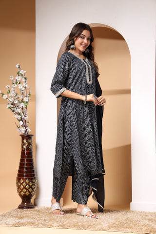 Navy Blue Bandhani Print Zipless Feeding Kurta Pant Set with Dupatta