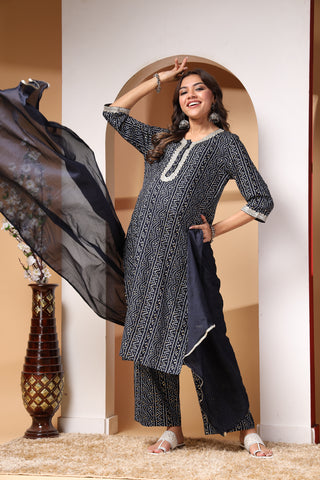 Navy Blue Bandhani Print Zipless Feeding Kurta Pant Set with Dupatta