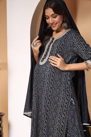 Navy Blue Bandhani Print Zipless Feeding Kurta Pant Set with Dupatta