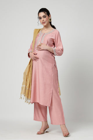Maternity Zipless Feeding Suit Set with Dupatta - Peach