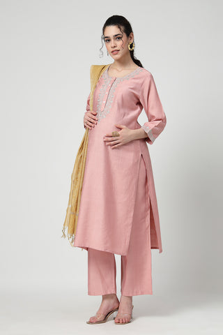 Maternity Zipless Feeding Suit Set with Dupatta - Peach