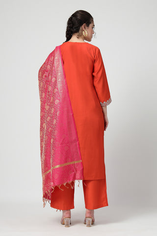 Maternity Zipless Feeding Suit Set with Dupatta - Orange