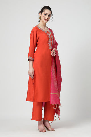 Maternity Zipless Feeding Suit Set with Dupatta - Orange