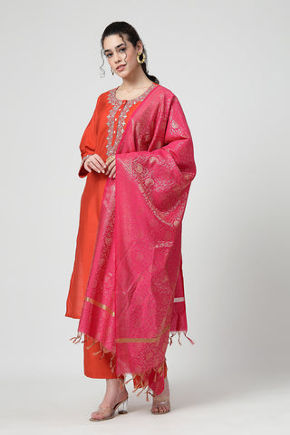 Maternity Zipless Feeding Suit Set with Dupatta - Orange