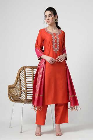 Maternity Zipless Feeding Suit Set with Dupatta - Orange