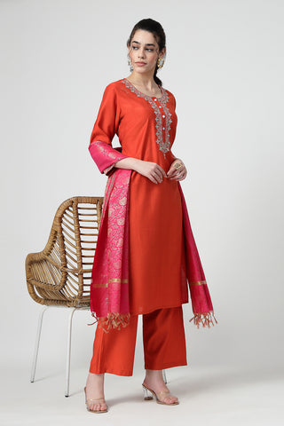 Maternity Zipless Feeding Suit Set with Dupatta - Orange