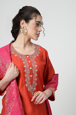 Maternity Zipless Feeding Suit Set with Dupatta - Orange