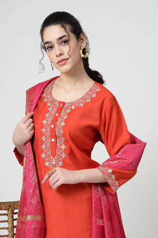 Maternity Zipless Feeding Suit Set with Dupatta - Orange