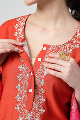 Maternity Zipless Feeding Suit Set with Dupatta - Orange