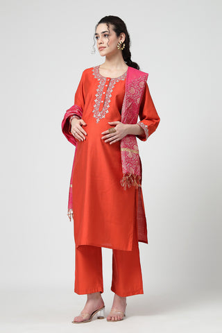 Maternity Zipless Feeding Suit Set with Dupatta - Orange