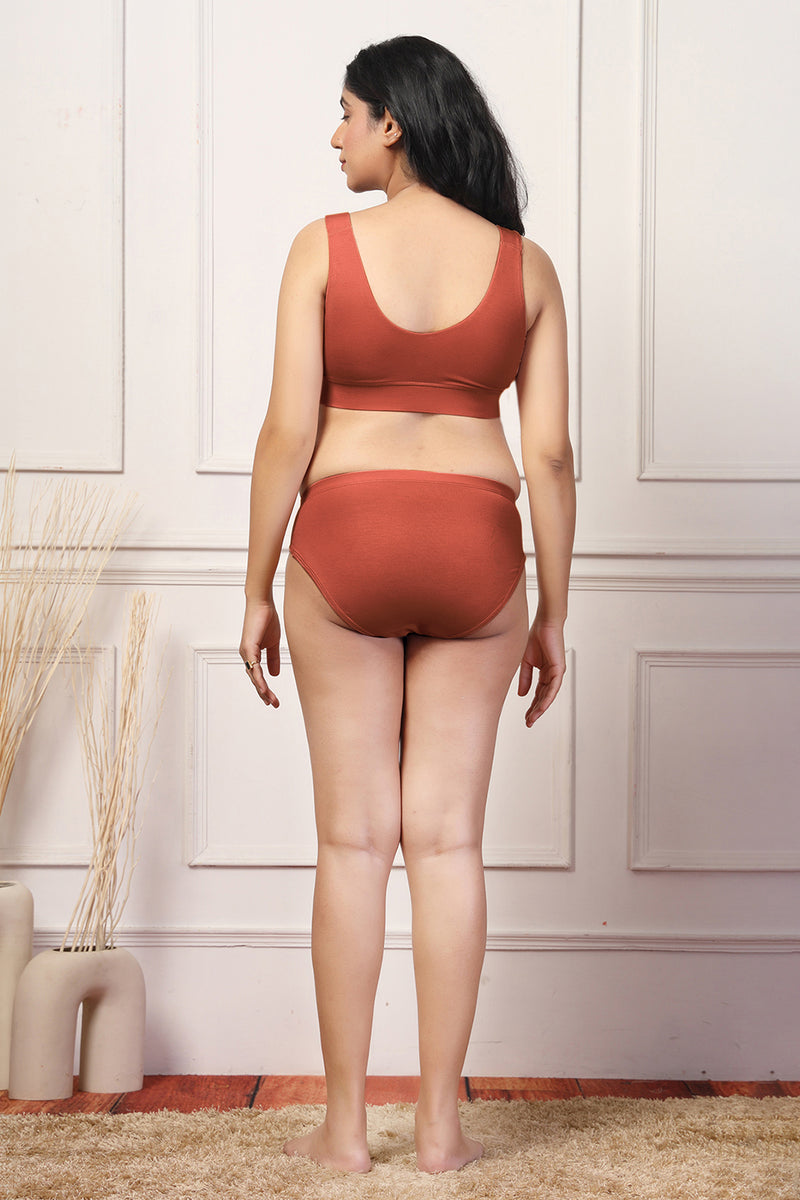 Rust Padded Bra; fixed pads provide reliable shaping without shifting.