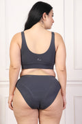 Back view shows wide supportive straps and hook-and-eye closure for fit.