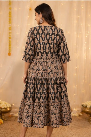 Ethnic Cotton Tiered Maternity Kurti for Feeding - Black