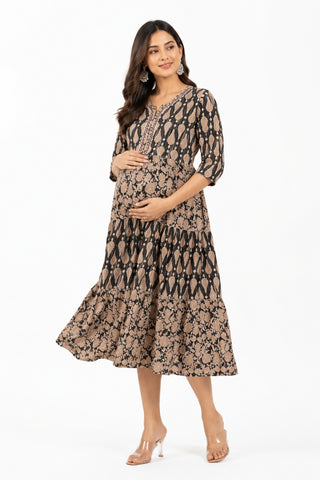 Ethnic Cotton Tiered Maternity Kurti for Feeding - Black