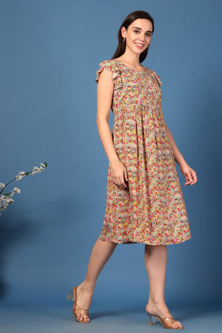 Elegant Yellow Look of Ditsy Yellow Floral Bloom Zip Feeding Dress - Perfect for Any Occasion