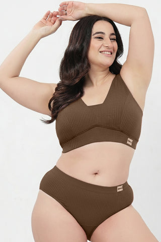 Sera Broad Rib Bra & Mid Rise Panty Set - Mocha