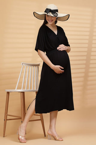 Black Solid Smocked Waist Zipless Feeding Dress