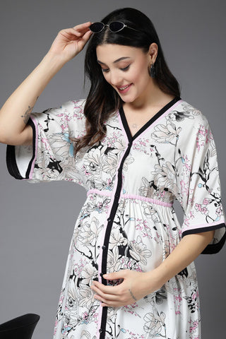 White All Over Printed 100% Rayon Zipless Maternity Dress