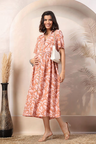 Peach Glow Maternity Zipless Feeding Dress