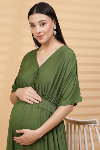 Green Solid Smocked Waist Zipless Feeding Dress