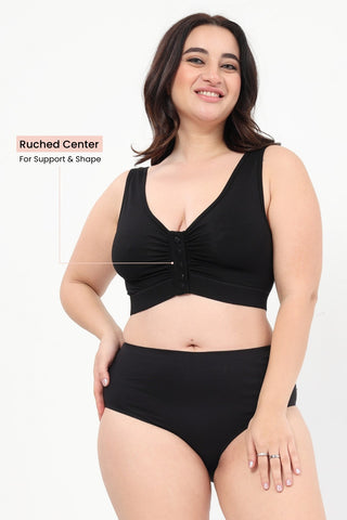 Ruched Modal Front-Open Bra - Black