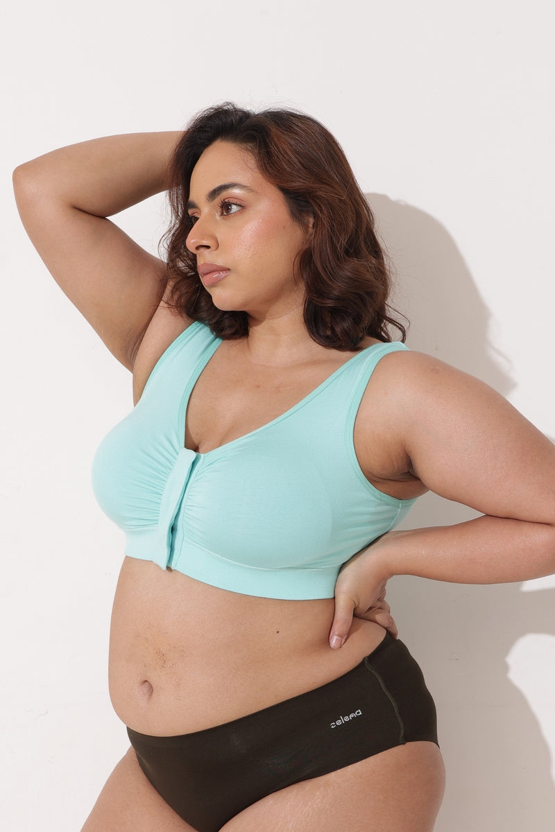Ruched Tape-Button Nursing Bra - Mint