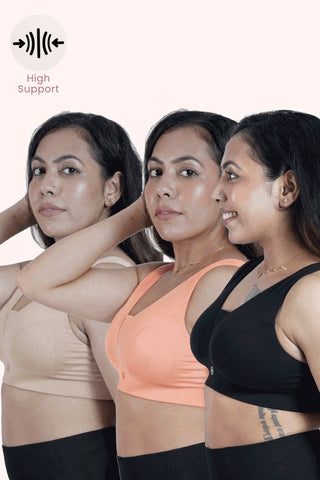 Fixed Padded Modal Maternity Feeding Bra with Support Pack of 3 - (Light Skin, Coral & Black)
