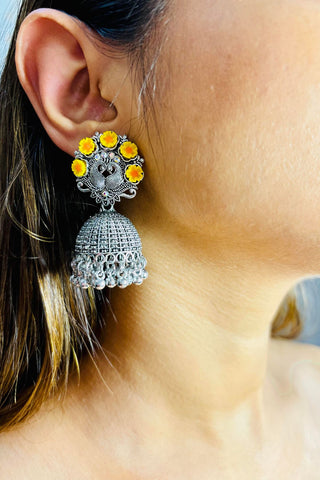 Floral Charm Oxidized Kundan Jhumkas (Colour may vary)