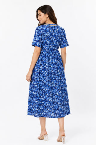 Mehr – The Festive Zipless Feeding Lapel Dress- Indigo Blue