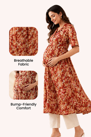 All Over Floral Printed Zipless Feeding Kurta- Red