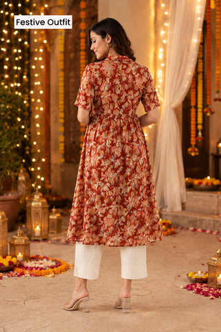 All Over Floral Printed Zipless Feeding Kurta- Red