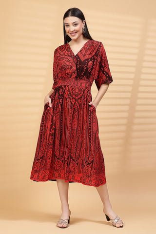 Red Paisley Print Maternity Feeding Dress