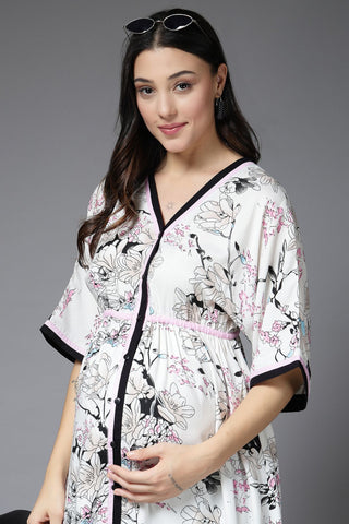 White All Over Printed 100% Rayon Zipless Maternity Dress