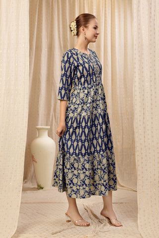 The Cotton Ethnic Cotton Tiered Kurti for Feeding Kurti featuring discreet nursing zips for new mothers.