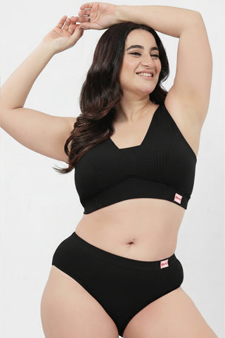 Sera Broad Rib Bra & Mid Rise Panty Set - Black