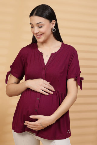 Burgundy Solid Button Top For Zipless Feeding