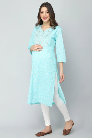 Sky Blue with Gold Embroidery & Sequins Maternity Kurti
