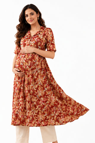All Over Floral Printed Zipless Feeding Kurta- Red