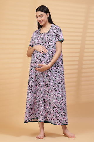 Pure Cotton Floral Printed Maternity Feeding Nighty