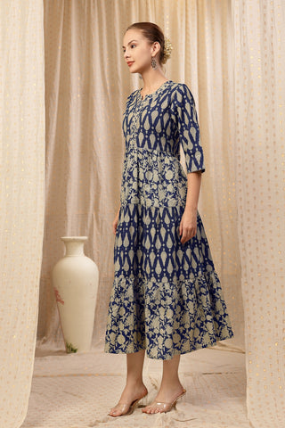Styled look of the Ethnic Cotton Tiered Kurti for Feeding Kurti with matching pants and accessories.