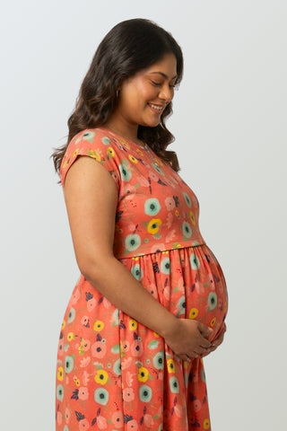 Red Floral Printed Maternity Zipless Feeding Dress