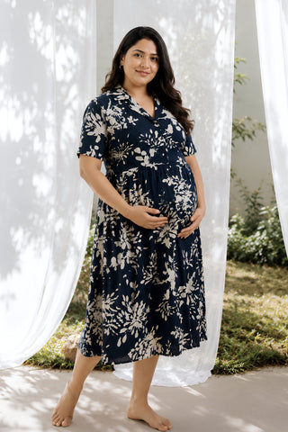 Floral Printed Zipless Feeding Dress - Dark Navy
