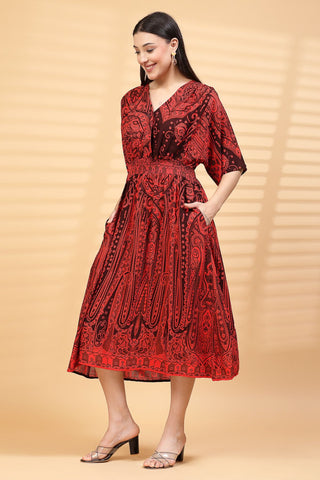 Red Paisley Print Maternity Feeding Dress